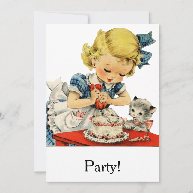 Invitation Gâteau d'anniversaire rétro fille chat enfants oeu (Dos)