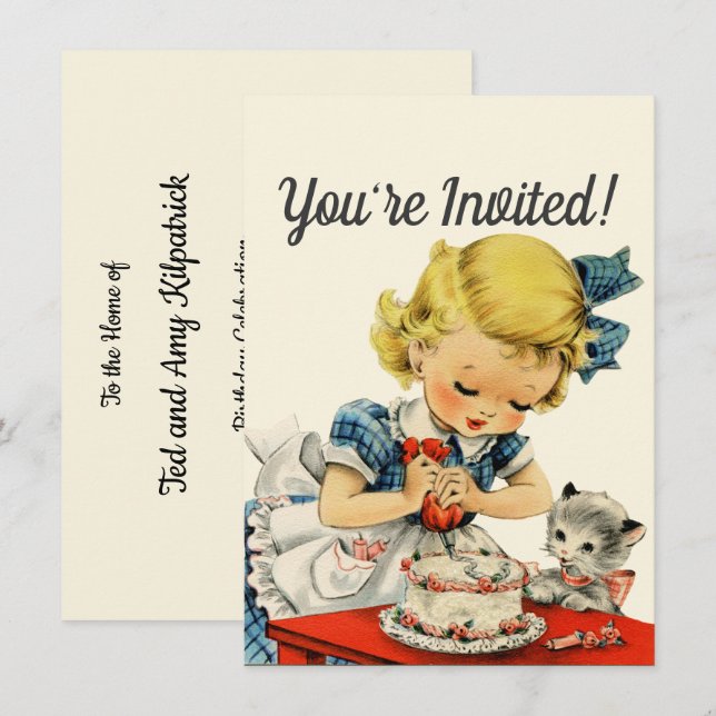 Invitation Gâteau d'anniversaire rétro pour fille Chat Enfant (Devant / Derrière)