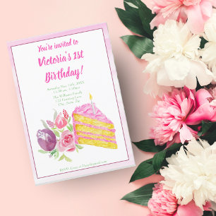 Invitation Gâteau d'anniversaire rose 1ère aquarelle avec fle