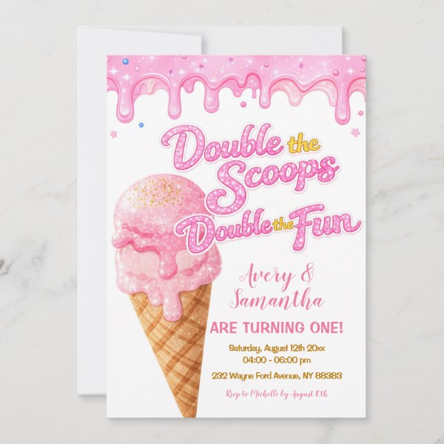 Invitation Gâteau d'anniversaire rose Double the Scoops Paill (Devant)
