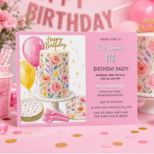 Invitation Gâteau d'anniversaire rose girly Fête pour enfants