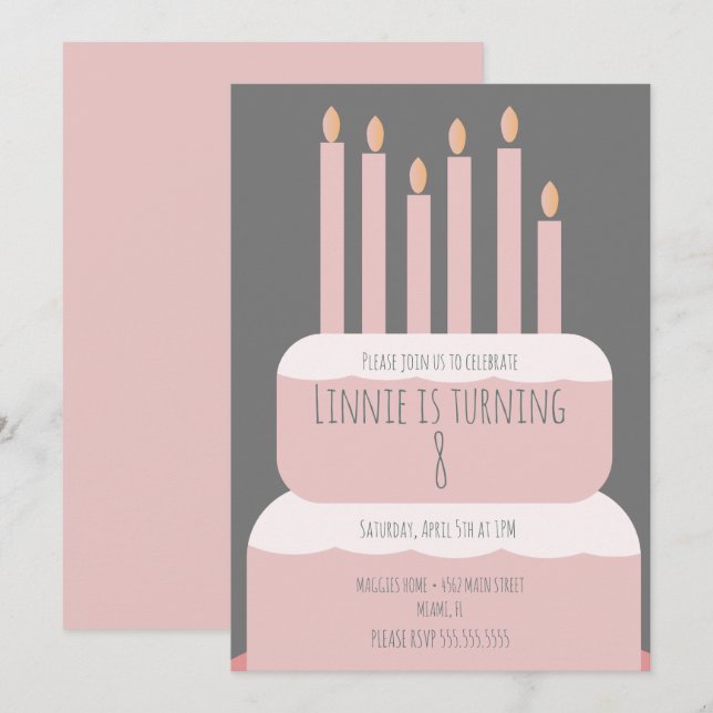 Invitation Gâteau d'anniversaire simple avec bougies de fête  (Devant / Derrière)