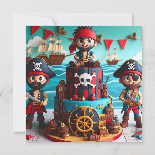 INVITATION GATEAU D'ANNIVERSAIRE THEM PIRATES ENFANTS DRÔLE  (Devant)
