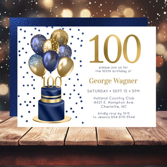 Invitation Gâteau de ballons bleu marine pour 100e anniversai (Créateur téléchargé)