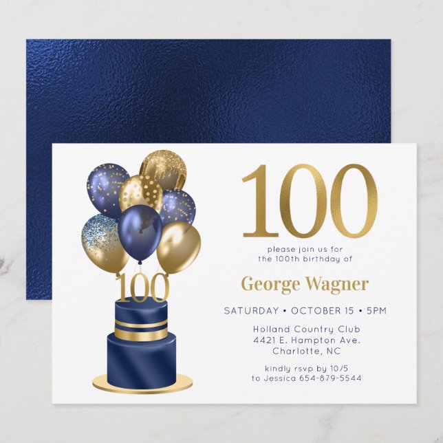 Invitation Gâteau de ballons bleu marine pour 100e anniversai (Devant / Derrière)