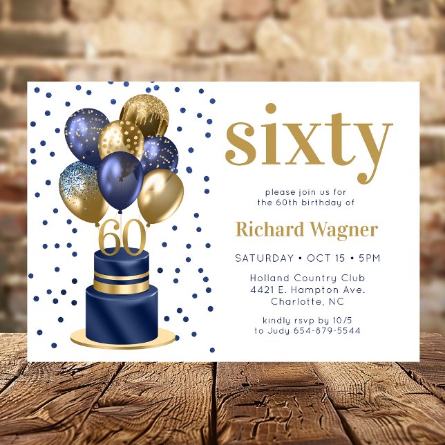 Invitation Gâteau de ballons bleu marine pour 60e anniversair (Créateur téléchargé)