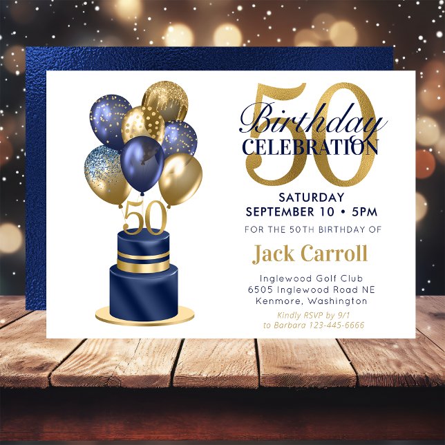 Invitation Gâteau de ballons bleus marine pour 50e anniversai (Créateur téléchargé)
