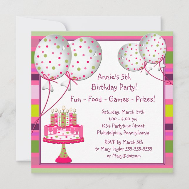 Invitation Gâteau de ballons filles 4ème anniversaire (Devant)