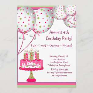 Invitation Gâteau de ballons roses et verts Filles 4ème anniv