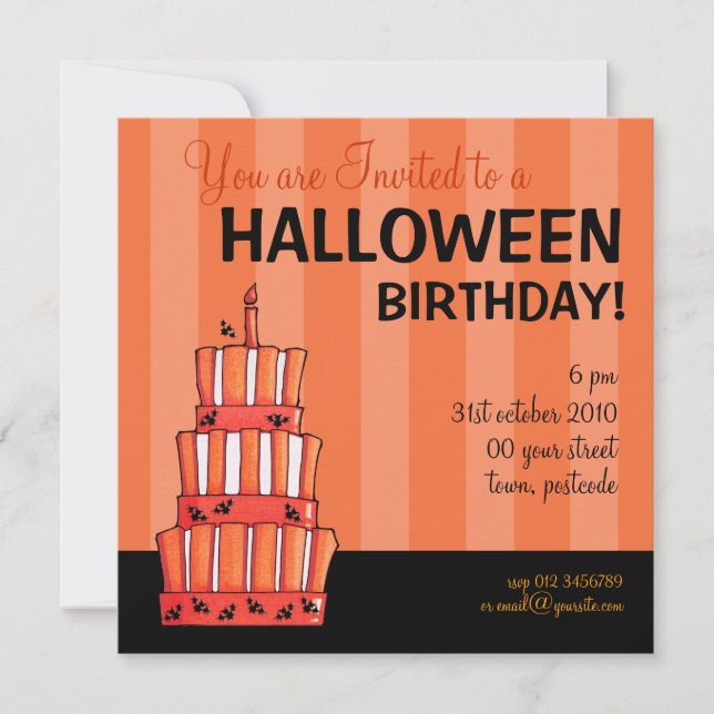 Invitation Gâteau de chauve-souris rayées d'orange Halloween (Devant)