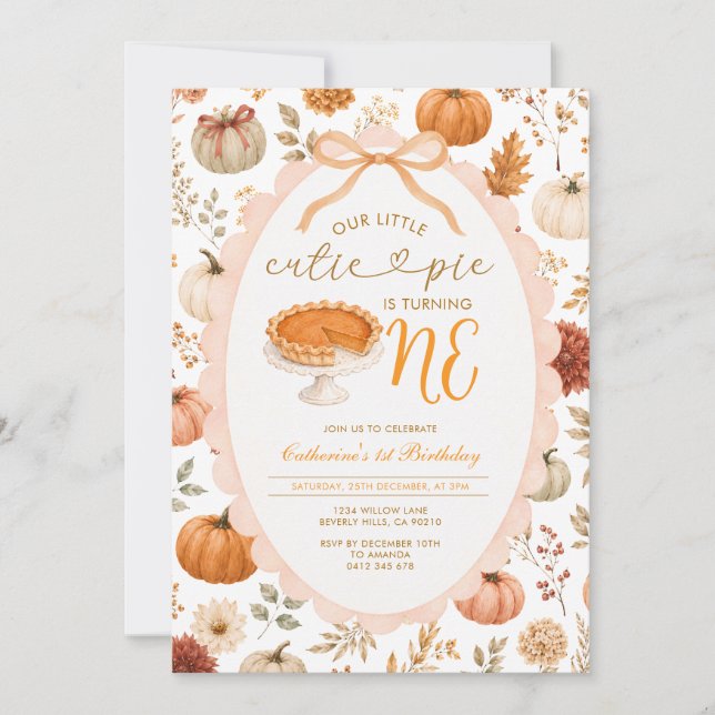 Invitation Gâteau de citrouille d'automne Fleurs 1er annivers (Devant)