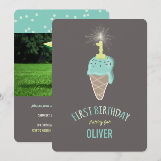 Invitation Gâteau de fête d'anniversaire d'un garçon de 1 an  (Devant / Derrière)