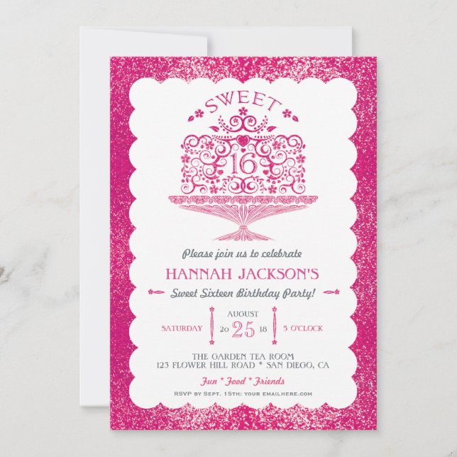 Invitation Gâteau de fête d'anniversaire Glitter Sweet Sixtee (Devant)
