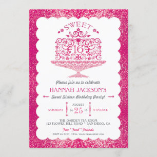 Invitation Gâteau de fête d'anniversaire Glitter Sweet Sixtee