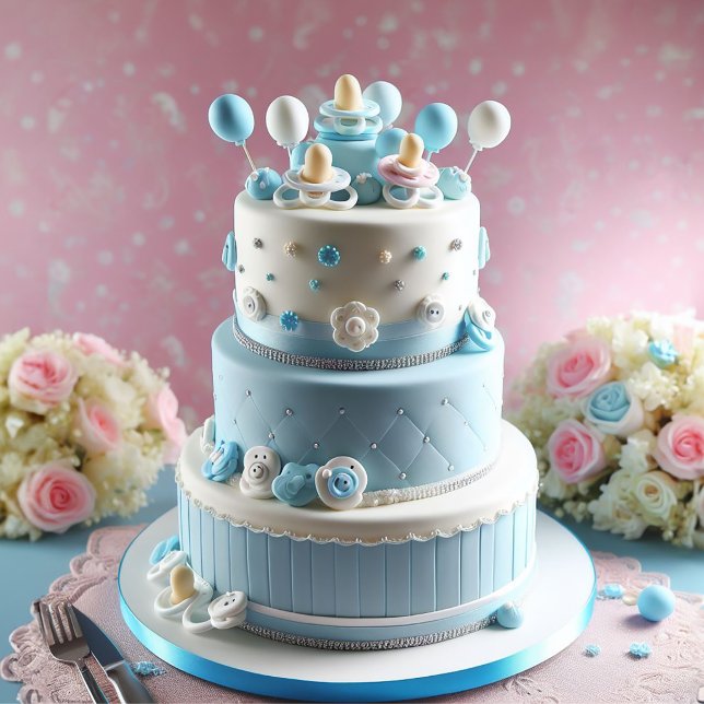 Invitation Gâteau de fête pour garçon avec tétines (Cute Blue Boy Layer Cake Baby Shower Invitation)