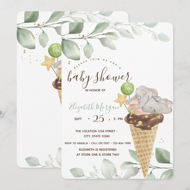Invitation Gâteau de glace éléphant bébé mignon pour Baby Sho (Devant / Derrière)