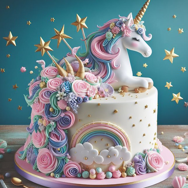 Invitation Gâteau de Licorne Rose et Bleu Fantaisiste Anniver (Whimsical Pink and Blue Unicorn Birthday Card)