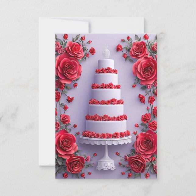 Invitation Gâteau de Mariage avec Roses Rouges Floral Romanti (Devant)