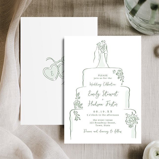 Invitation Gâteau de mariage dessiné à la main sage fantaisis (Sage Hand Drawn Wedding Cake Whimsical Invitation)
