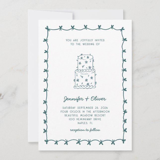 Invitation Gâteau de Mariage Dessiné à la Main Teal Fantaisis (Devant)