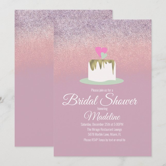 Invitation Gâteau de Mariage en Paillettes de Feuille à Une É (Devant / Derrière)