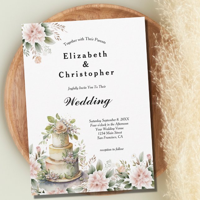 Invitation Gâteau de Mariage Floral de Teinte Rose et Feuilla (Créateur téléchargé)