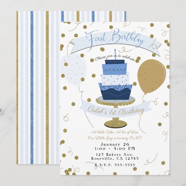 Invitation Gâteau de premier anniversaire Blue & Gold Sugar i (Devant / Derrière)