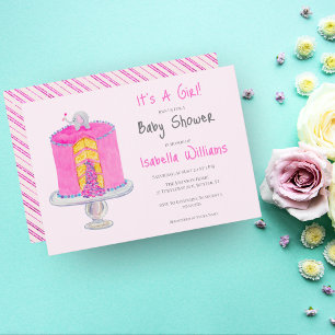 Invitation Gâteau de Surprise de Bébé Éléphant Rose Aquarelle
