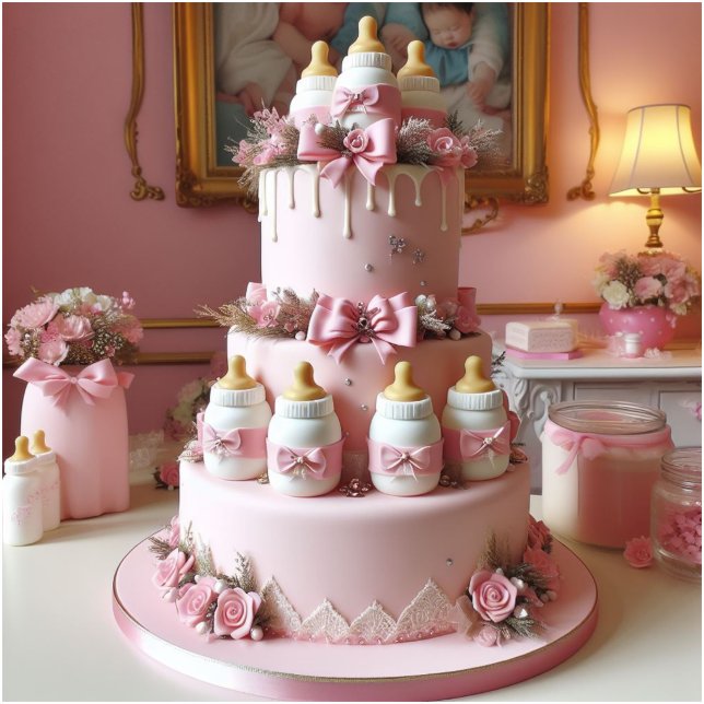 Invitation Gâteau décoré rose pour Baby Shower avec biberons (Créateur téléchargé)