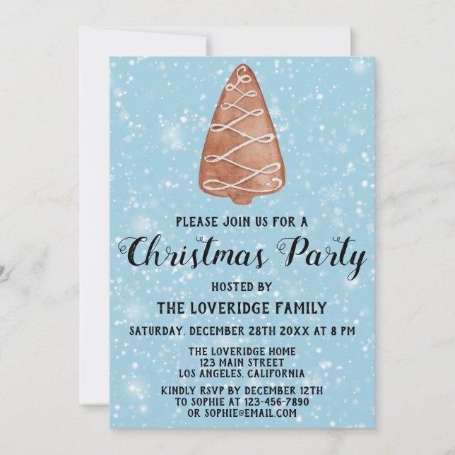 Invitation Gâteau d'épices Fête de Noël Arbre Bleu Neige (Devant)