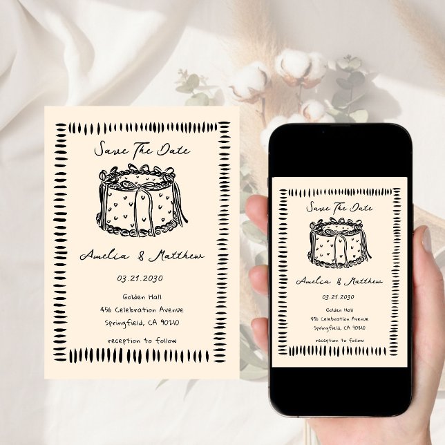 Invitation gâteau dessiné à la main Doodle Mariage Fantaisist (Créateur téléchargé)