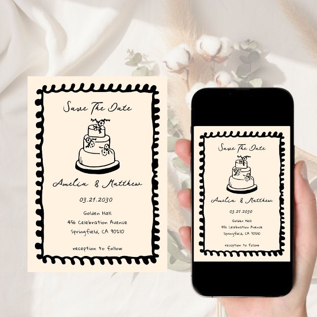 Invitation gâteau dessiné à la main Doodle Mariage Fantaisist (Créateur téléchargé)