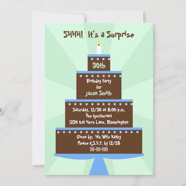 Invitation Gâteau d'invitation surprise 30e anniversaire de f (Devant)