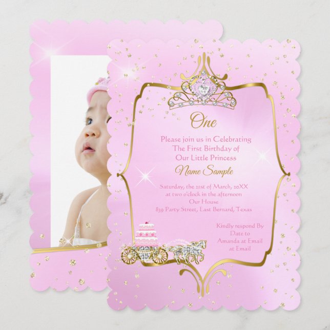 Invitation Gâteau du 1er anniversaire Cendrillon Carrosse Ros (Devant / Derrière)