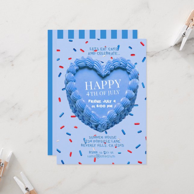 Invitation gâteau en forme de coeur pour le 4 juil (Devant/Arrière en situation)