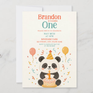 Invitation Gâteau et ballons Panda turquoise et orange 1er an