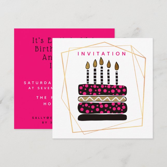 Invitation Gâteau et bougies/Noir Rose Gold/fête d'anniversai (Devant / Derrière)