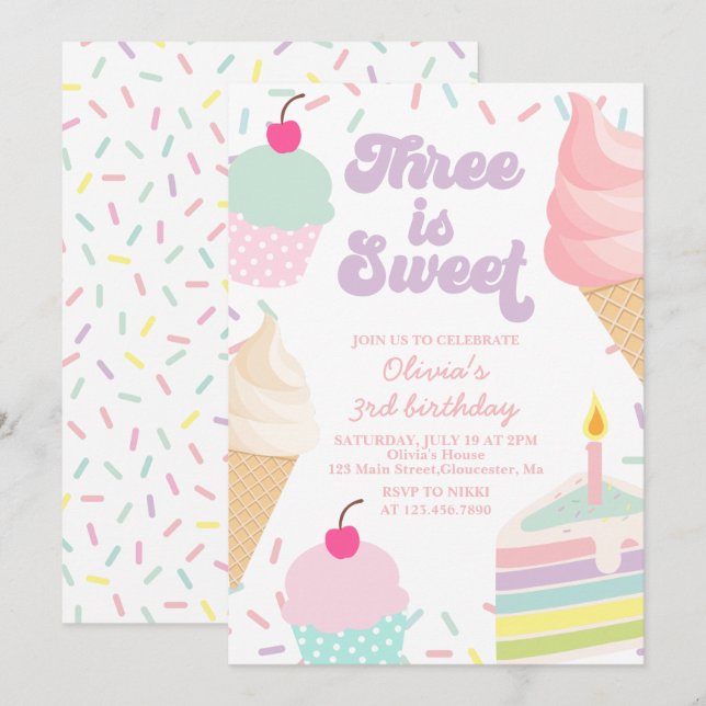 Invitation Gâteau et glace pour un troisième anniversaire (Devant / Derrière)