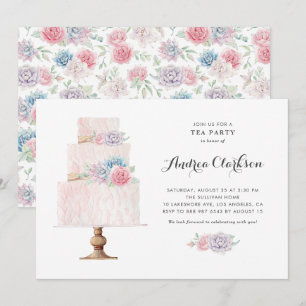 Invitation Gâteau étagé rose blush avec succulentes pour thé