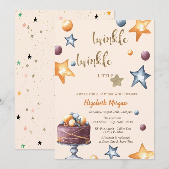 Invitation Gâteau Étoiles Twinkle Little Star Shower de Bébé (Devant / Derrière)