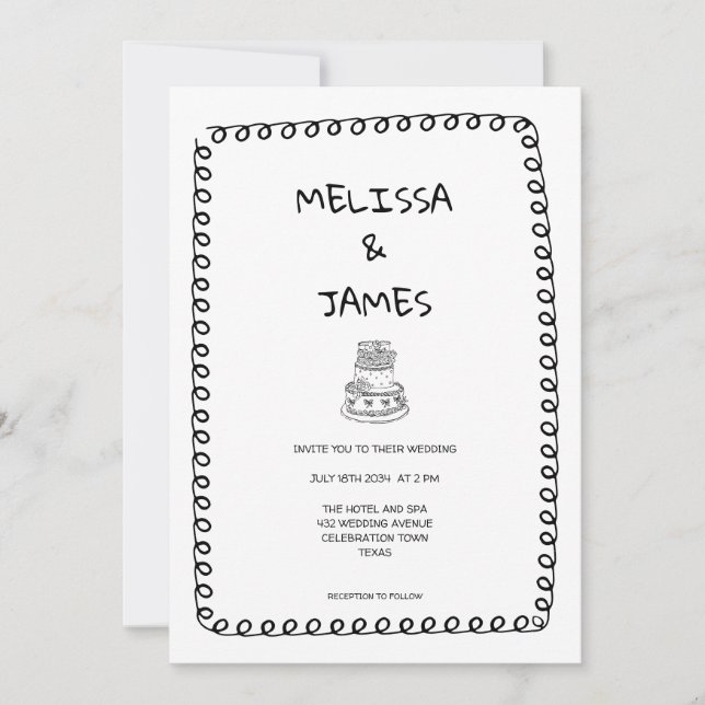 Invitation Gâteau Fantaisiste Doodle Dessin à la Main Mariage (Devant)
