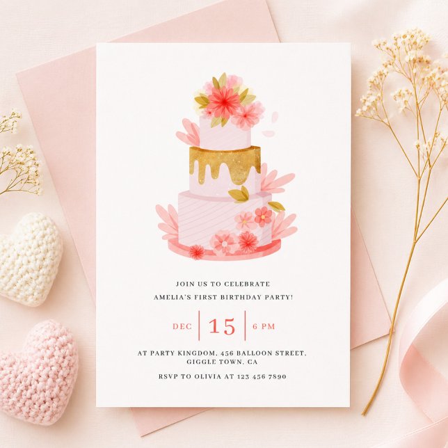 Invitation Gâteau Fleur Rose Douce Fille Bébé Anniversaire (Créateur téléchargé)