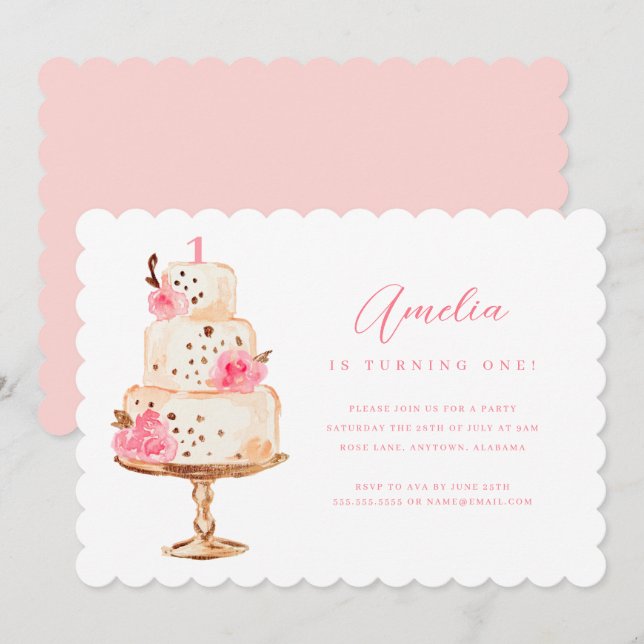 Invitation Gâteau Fleur Rose Or Première Fête d'Anniversaire (Devant / Derrière)