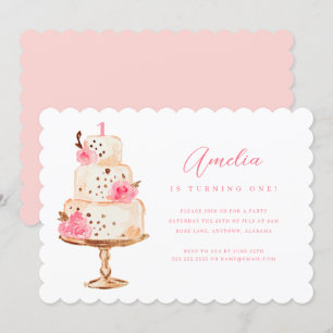 Invitation Gâteau Fleur Rose Or Première Fête d'Anniversaire