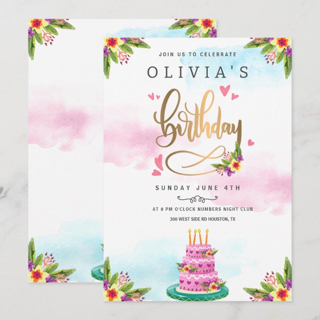 Invitation Gâteau Floral Aquarelle Rose Anniversaire  (Devant / Derrière)