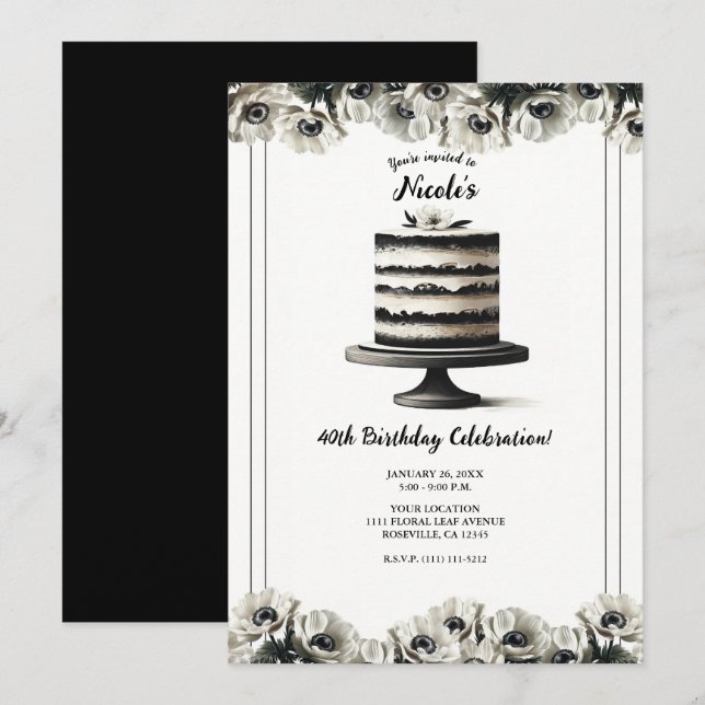 Invitation Gâteau Floral Noir & Blanc Anémone Fête d'annivers (Devant / Derrière)
