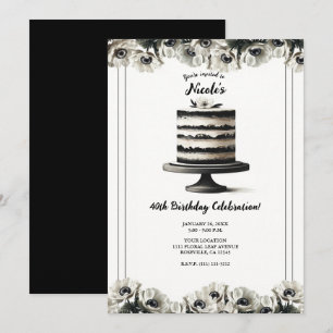 Invitation Gâteau Floral Noir & Blanc Anémone Fête d'annivers
