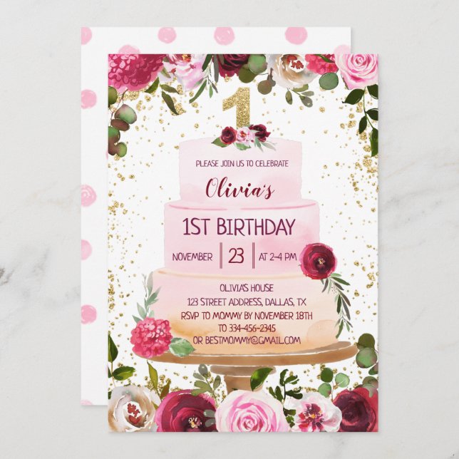 Invitation Gâteau Floral Or & Rose 1er anniversaire Invitatio (Devant / Derrière)