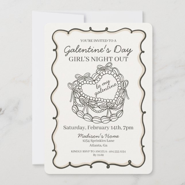 Invitation Gâteau Galentine Coquette Rétro Cœur Beige Ruban (Devant)