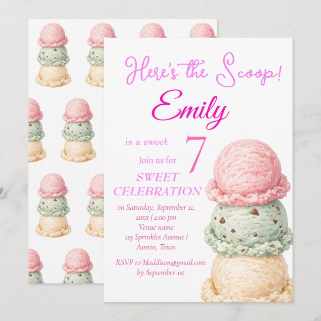 Invitation Gâteau Glacé 7e Anniversaire Fille Rose Aquarelle (Devant / Derrière)